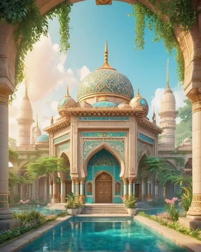 agrabah,asian architecture,water palace,arabic background,sindbad,ramadan background,islamic architectural,big mosque,angsana,arabian,grand mosque,mosques,andalus,medinah,theed,zamana,naboo,orientalizing,rohm,kuala,Illustration,Japanese style,Japanese Style 02