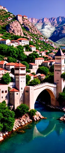 Balkan architecture, historic building, stone walls, ornate details, green roofs, tall minarets, Mostar old bridge, Neretva river, scenic view, sunny day, clear blue sky, 3/4 composition, warm color t