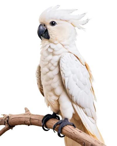 White Cockatoo, perched, solo, exotic bird, pure white feathers, crest on head, black beak, bright eyes, wings spread wide, standing on branch, morning sunlight, shallow depth of field, warm color ton