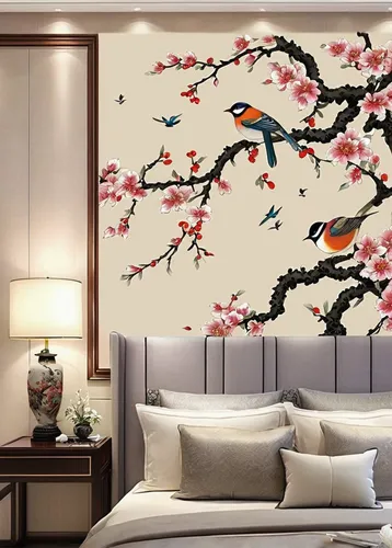 japanese floral background,japanese-style room,wall sticker,oriental painting,ornamental cherry,floral and bird frame,cherry blossom tree,japanese cherry,birds on a branch,japanese carnation cherry,cherry blossom branch,floral japanese,chinese magnolia,japanese cherry blossom,birds on branch,plum blossoms,blossom tree,decoration bird,japanese column cherry,cherry blossom japanese,Illustration,Paper based,Paper Based 29