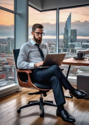 software architect, male, 35yo, bespectacled, short hair, beard, white shirt, black tie, formal pants, leather shoes, holding laptop, sitting, modern office, wooden desk, ergonomic chair, bookshelves,