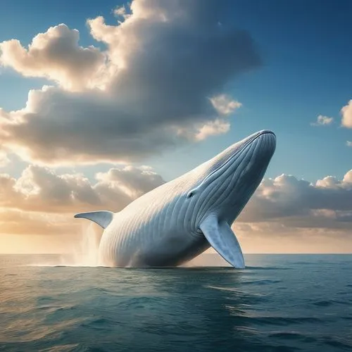 Generate a realistic and detailed image capturing the majestic sight of a white sperm whale, its form sculpted like a cloud, seamlessly gliding above the sea's surface. On the beach stands a solitary 