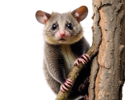 Possum, solo, nocturnal animal, fluffy fur, round ears, black nose, whiskers, cute face, bright eyes, climbing, sitting on branch, tree bark texture, natural habitat, warm lighting, shallow depth of f