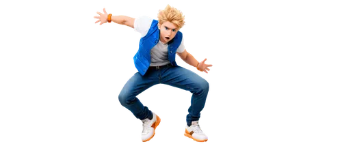 Beyblade, teenage boy, energetic pose, blue eyes, spiky blonde hair, fierce expression, white shirt, orange vest, blue jeans, sneakers, spinning top, dynamic movement, action line, burst of energy, wa