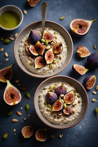 Fig mascarpone and oat porridge a warming and delicious breakfast, topped with roasted figs, mascarpone cheese and pistachio nuts.,almond meal,figs,muesli,fig,mystic light food photography,kheer,steel