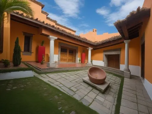 DISEÑO DE UNA CASA ESTILO MEXICANO MODERNO, CON UN CLAUSTRO CONFORMADO POR UNA TERRAZA  A BASE DE VIGAS DE MADERA, TEJA, COLUMNAS REDONDAS, EN EL CENTRO UN ESPEJO DE AGUA, CON EL ESTILO DE LA ARQUITEC