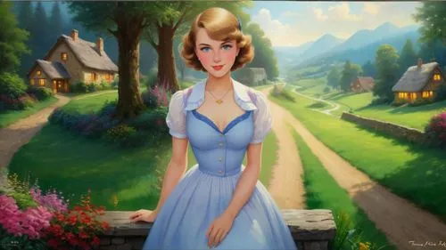 dorthy,maureen o'hara - female,belle,dorothy,cinderella,sylvania,avonlea,liesl,heidi country,elsa,fraulein,dirndl,fairy tale character,country dress,vasilisa,girl in the garden,doukhobor,cendrillon,thumbelina,world digital painting