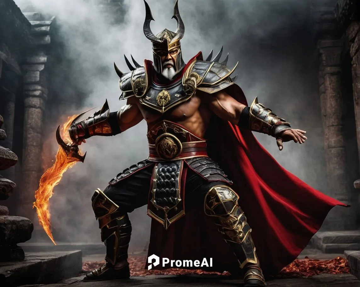 Mortal Kombat Dragon King, Shao Kahn, muscular man, powerful build, intimidating gaze, golden crown, white beard, black armor, red cape, claw gloves, throne, ancient temple, mysterious fog, dramatic l