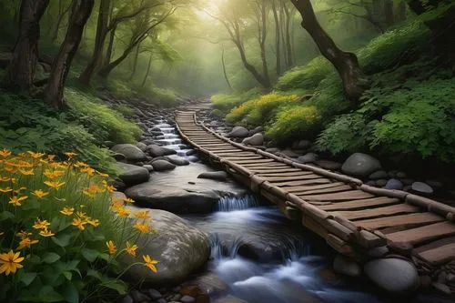 wooden bridge,mountain stream,nature wallpaper,germany forest,railroad trail,wooden track,flowing creek,forest path,world digital painting,forest landscape,scenic bridge,rail way,the way of nature,railway track,hiking path,nature landscape,the mystical path,fairytale forest,fantasy picture,railroad track,Illustration,Realistic Fantasy,Realistic Fantasy 34