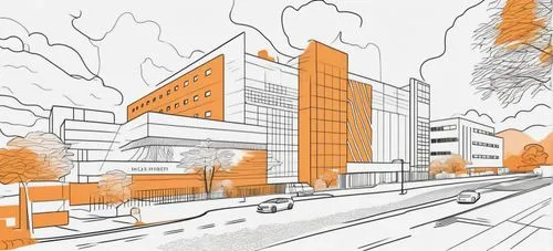 an orange building is on a drawing paper,sketchup,bouygues,europan,renderings,densification,mvrdv,Design Sketch,Design Sketch,Outline