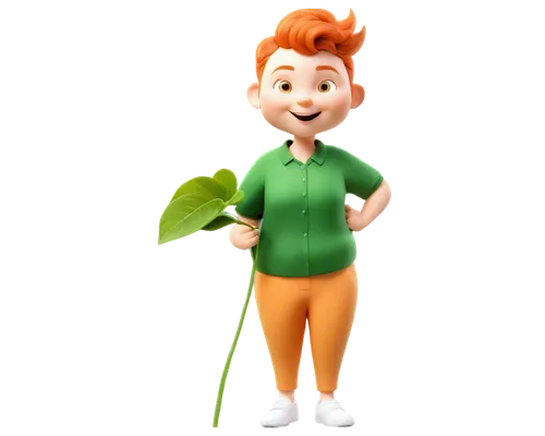 Ginger, PNG transparent background, solo, cartoon style, cute expression, bright orange color, bulbous body, green leaves, white roots, soft lighting, 3/4 composition, shallow depth of field, warm col