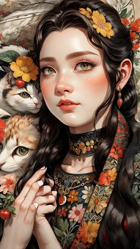 oriental painting,oriental princess,chinese art,oriental girl,fantasy portrait,tiger lily,girl in flowers,oriental,japanese art,mystical portrait of a girl,geisha girl,girl in a wreath,autumn icon,japanese floral background,autumn theme,meticulous painting,geisha,flower painting,flora,rice paper