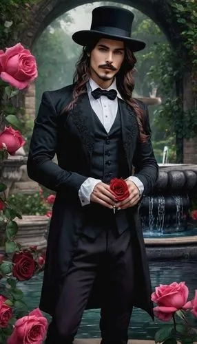 rose png,gentlemanly,leonardo devinci,magician,way of the roses,hip rose,stovepipe hat,aristocrat,ringmaster,el salvador dali,mexican petunia,hatter,dracula,the victorian era,dutchman's pipe,with roses,leonardo,mariachi,victorian style,historic rose,Conceptual Art,Fantasy,Fantasy 34