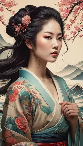 japanese art,geisha girl,oriental painting,geisha,japanese floral background,arhats,Photography,General,Fantasy