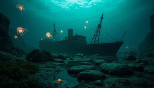 Mysterious underwater scene, dark cyan hues, eerie bioluminescent creatures, glowing jellyfish, abandoned shipwreck, rusty metal debris, seaweed-covered rocks, misty ocean atmosphere, soft blue-green 