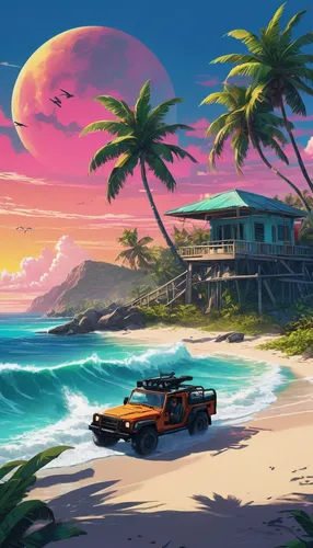 tropics,tropical beach,dream beach,tropical island,honolulu,ocean paradise,sunset beach,beach scenery,south seas,orange bay,beach landscape,hawaii,castaway beach,caribbean beach,tropical house,seaside resort,paradise beach,classic car and palm trees,oahu,sand coast,Conceptual Art,Daily,Daily 21