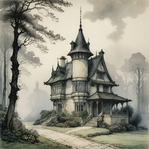 Architectural Illustration,witch's house,witch house,ghost castle,fairy tale castle,the haunted house,house in the forest,haunted castle,fairytale castle,haunted house,house silhouette,castle of the c