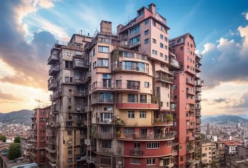 an apartment building sits over looking the city,scampia,chongqing,hysan,barcelona,guiyang,caracas,Photography,General,Realistic