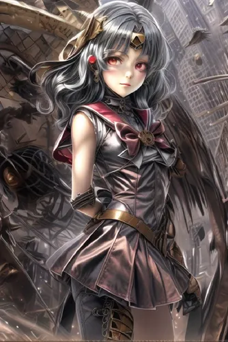 A young Women with a serious expression with gears falling from the sky. ,peko,albedo,dark angel,ibuki,valkyrie,hawkgirl