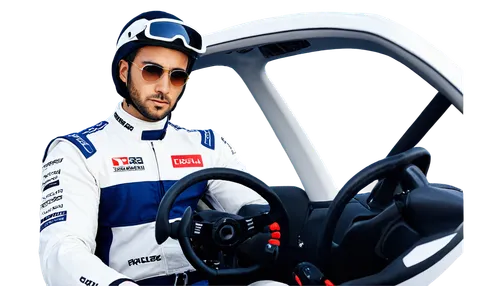 Muscular man, GTR R35, racing driver, helmet, sunglasses, sporty hairstyle, stubble, white racing suit, sponsor logos, gloves, holding steering wheel, intense facial expression, dramatic lighting, 3/4