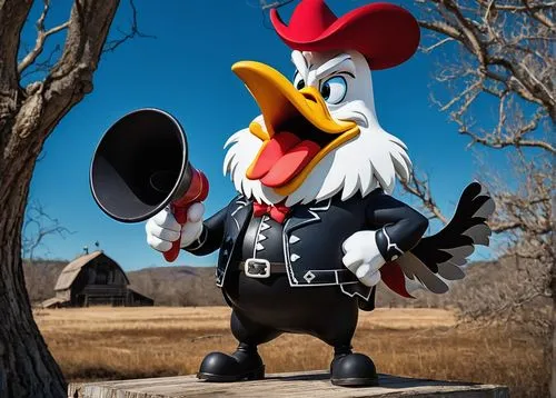 Foghorn Leghorn figure, cartoon character, muscular man, large body, loud mouth, white hair, bushy eyebrows, red nose, yellow beak, black boots, cowboy hat, holding a megaphone, standing proudly, farm