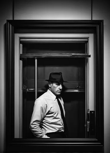 al capone,oliver hardy,film noir,hitch,black businessman,man talking on the phone,trilby,kingpin,self-reflection,the mirror,orsay,fedora,bowler hat,blackandwhitephotography,rifleman,mobster,bellboy,album cover,hotel man,godfather,Photography,Black and white photography,Black and White Photography 01