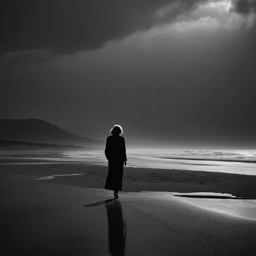 dark beach,woman silhouette,blackandwhitephotography,monochrome photography,girl walking away,black beach,loneliness,walk on the beach,solitude,solitary,man at the sea,woman walking,to be alone,black landscape,ebb,breton,inisheer,james handley,lan thom,andreas cross,Conceptual Art,Sci-Fi,Sci-Fi 22