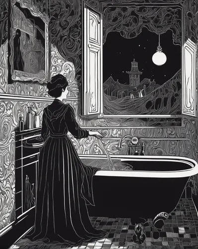 the girl in the bathtub,bathtub,vintage illustration,bath,the victorian era,book illustration,bram stoker,victorian style,bathroom,art nouveau,tub,doll's house,the little girl's room,hand-drawn illustration,ethel barrymore - female,victorian lady,vintage wallpaper,washroom,bathing,holmes,Illustration,Black and White,Black and White 21