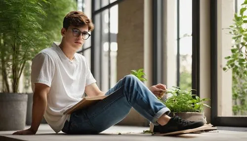 Modern college campus, department of architecture, reengineering building, 26 years old, male student, black framed glasses, short brown hair, casual wear, white shirt, dark blue jeans, sneakers, hold