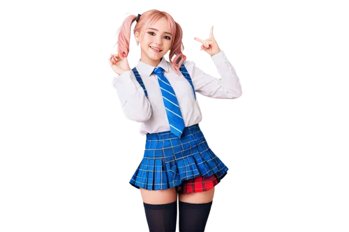 Hololive, VTuber, idol, solo, (18yo), cute detailed eyes, pink blush, twin tails, pastel color hair clips, sweet smile, white shirt, blue tie, plaid skirt, knee-high socks, brown loafers, microphone, 