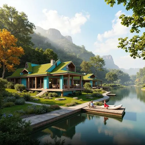 house with lake,houseboats,houseboat,summer cottage,floating huts,house by the water,boathouse,the cabin in the mountains,house in the mountains,world digital painting,cottage,home landscape,forest lake,house in mountains,idyllic,rivendell,boat house,house in the forest,artvin,butka