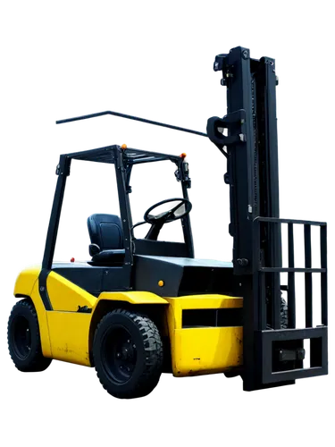 Forklift truck, yellow body, metal structure, thick wheels, industrial setting, solo, realistic, detailed textures, rusty parts, warning lights on top, operator seat, control panel, hydraulic system, 