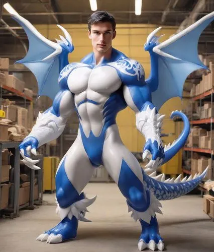 A mistake at the rubber factory. The  guy is a blue and white inflatable toy dragon. The character has a muscular body, the skin is made of sticky vinyl. The chest is made of white vinyl. Blue vinyl w