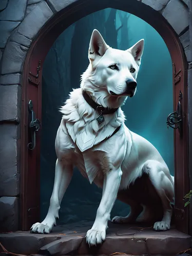 Garm es el terrible perro guardian de las puertas del Helheim, en Niflheim. Tiene el pecho ensangrentado ,dog illustration,canidae,companion dog,posavac hound,custom portrait,white dog,akita inu,portr