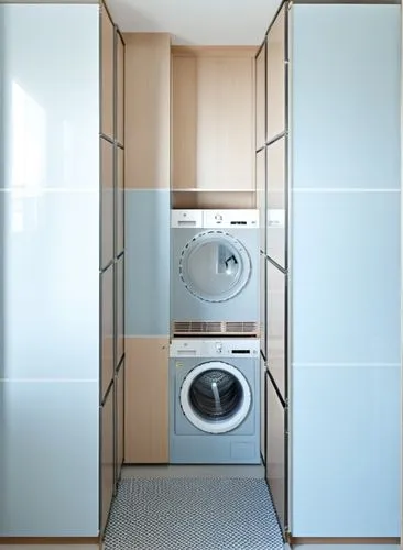 Small room, laundry room with open storage cupboards. White shelves with warm lighting, neatly folded items of different beige shades on the shelves, a white washing machine and dryer, order, comfort,