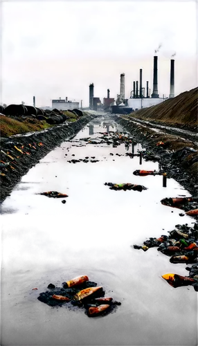 Polluted earth, trash-filled landscape, plastic bottles scattered, oil spill, dirty smoke, factory chimneys, grey sky, gloomy atmosphere, abandoned industrial area, broken machinery, rusty pipes, poll