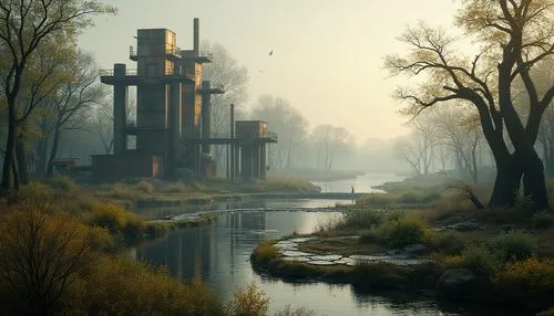 industrial landscape,industrial ruin,fantasy landscape,riverlands,swampy landscape,post-apocalyptic landscape,myst,marshes,wetlands,ancient city,world digital painting,abandoned place,futuristic landscape,ancient ruins,ruins,hinterlands,riverworld,environments,swamps,marsh,Photography,General,Realistic