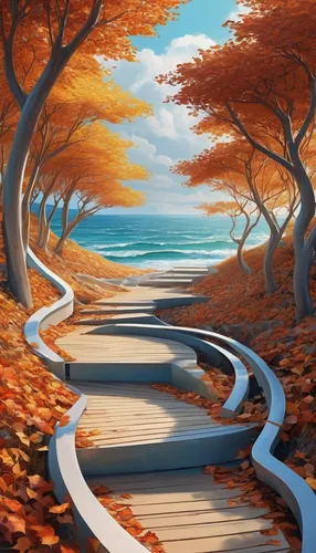 pathway,the road to the sea,winding steps,autumn landscape,wooden path,winding road,tree top path,autumn background,fall landscape,tree lined path,hiking path,landscape background,the mystical path,sand road,autumn scenery,coastal road,the path,the way,forest path,wooden bridge,Conceptual Art,Sci-Fi,Sci-Fi 24