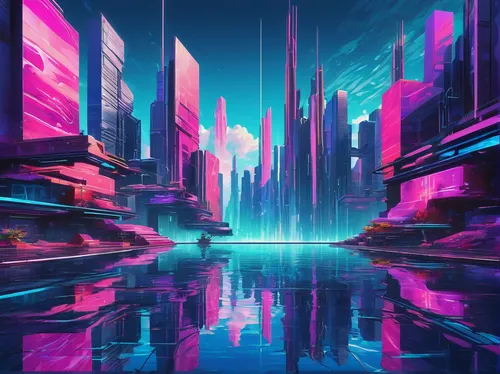 Imagine a futuristic city with holographic water scapes.,futuristic landscape,cityscape,colorful city,cyberpunk,futuristic,neon arrows,vapor,fantasy city,metropolis,tokyo city,80's design,tokyo,urban,