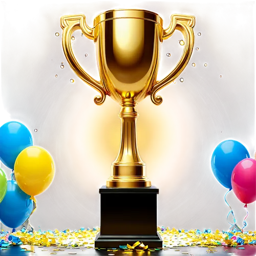 Golden trophy, shiny surface, detailed engravings, standing on a pedestal, confetti surrounding, colorful balloons, bright sparkling lights, low-angle shot, dramatic shadows, vibrant color tone, 3/4 c