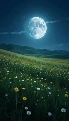 moonlit night,dandelion background,blue moon,dandelion field,moon and star background,moonlit,Photography,General,Realistic