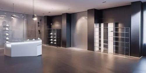 This space is a sports sneaker store. Please place more sports sneakers in the space.,walk-in closet,beauty room,dark cabinetry,modern minimalist bathroom,bathroom cabinet,interior modern design,searc