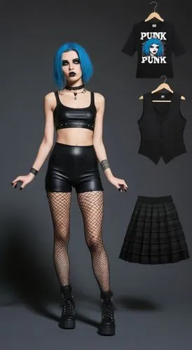 Paper doll 2d cartoon punk blue haired girl in black sleeveless shirt , black spandex shorts, complete full length fishnet and black punk knee Boots, standing surrounded by with a set of punk fashion 