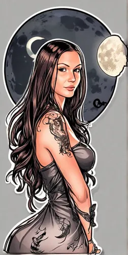 Beautiful spiritual woman with black tattoos. Long brown hair. Lilith. Demon queen. Black dress. Looks up the moon. ,catrina,vampira,vampire woman,pregnant woman icon,sorceress,tattoo girl,witch's hat