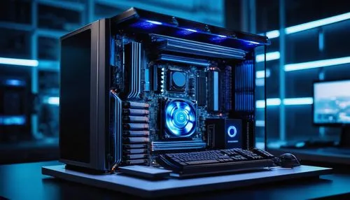 Modern computer system, futuristic architecture, sleek metal framework, intricate circuit boards, glowing blue LED lights, complex wiring, motherboard, CPU, RAM, GPU, SSD, cooling fans, ventilation gr