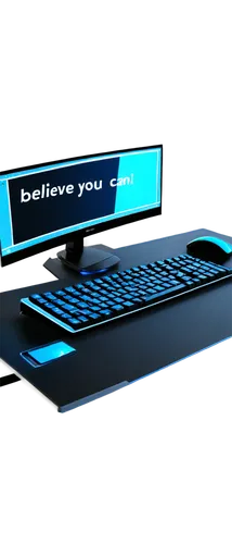 Desktop computer, futuristic background, glowing blue lights, sleek metal frame, transparent glass screen, motivational quotes "Believe You Can", "Success Awaits", modern keyboard, ergonomic mouse, cl