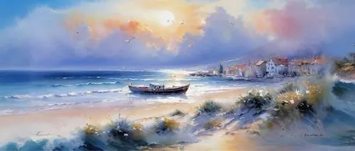 beach landscape,coastal landscape,sea landscape,seascape,landscape with sea,fishing village,fishing boats,art painting,seascapes,seaside resort,beach scenery,landscape background,watercolor background