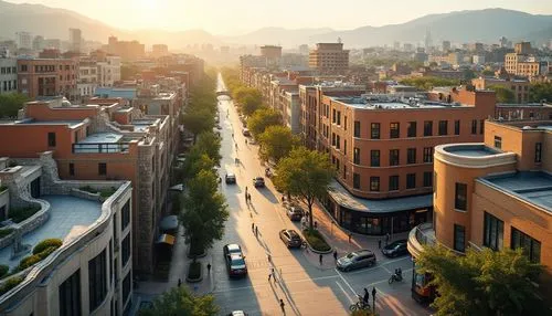 Vibrant cityscape, mixed-use development, regionalism-inspired architecture, curved lines, earthy tones, natural stone facades, green roofs, urban gardens, pedestrian-friendly streets, cultural herita