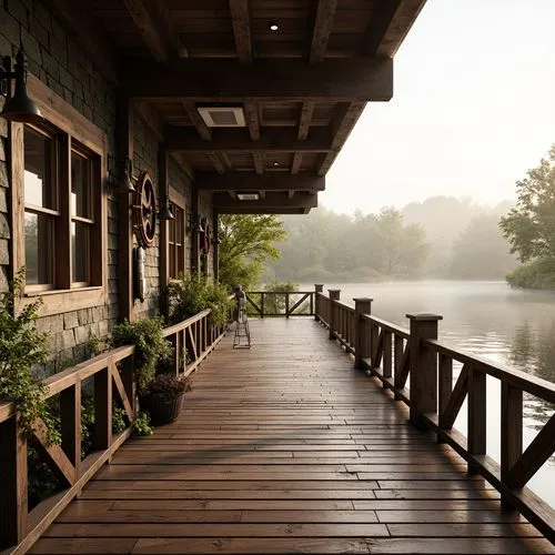 boathouse,wooden bridge,wooden pier,dock,boat dock,boardwalks,boathouses,teak bridge,morning mist,water mist,boat house,teahouse,wooden decking,river side,house with lake,backwater,foggy landscape,undock,dockside,house by the water