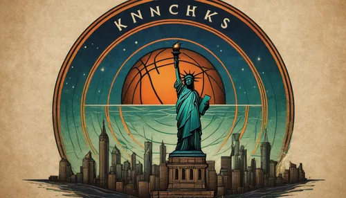 Craft a classic and timeless Knicks logo featuring a basketball and a statue of liberty.,lady liberty,anchikh,liberty enlightening the world,red auerbach,knish,travel poster,knickerbocker glory,big ap